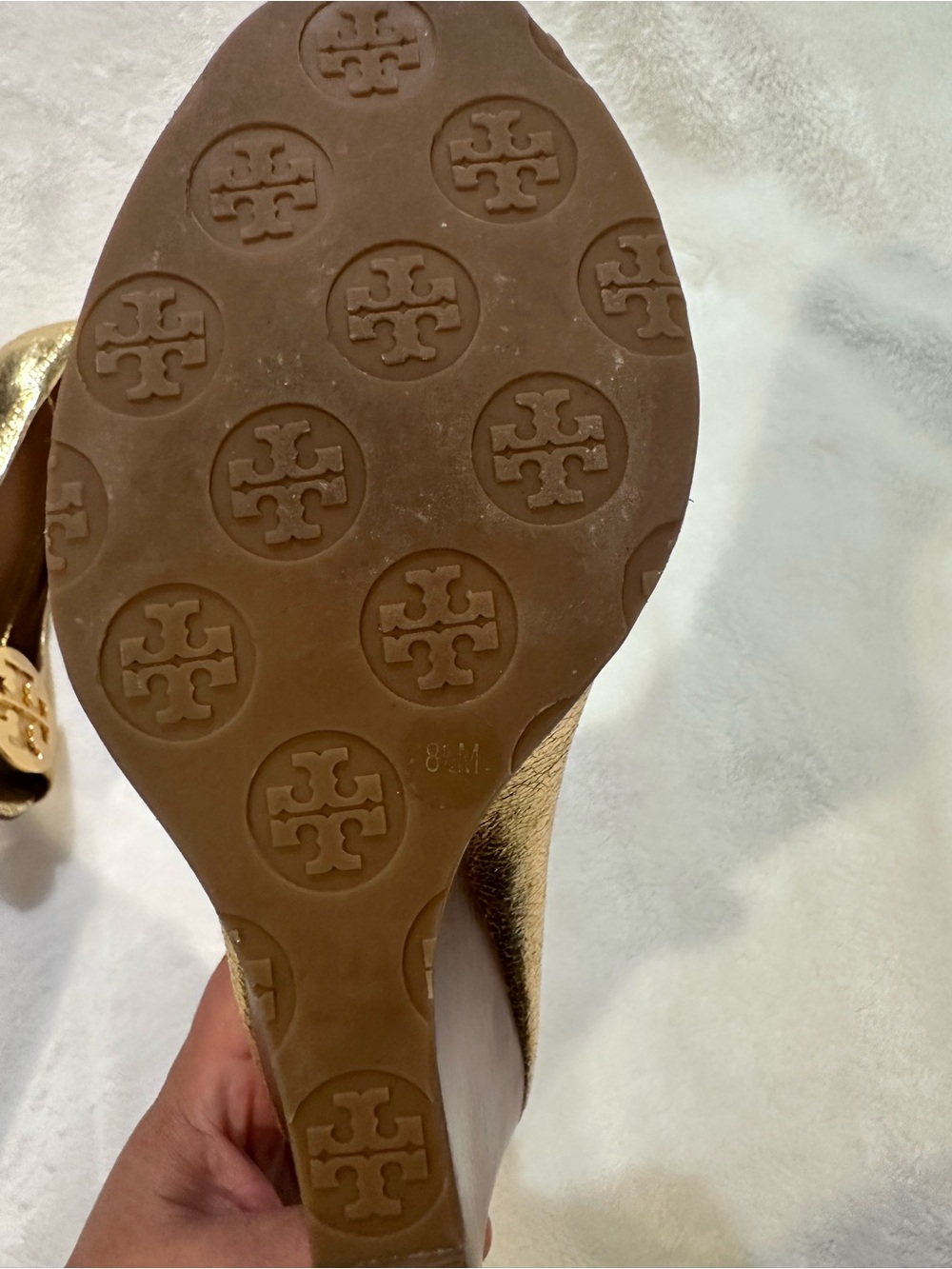 Tory Burch Metallic Gold Peep-Toe Logo Pumps - Picture 4 of 4